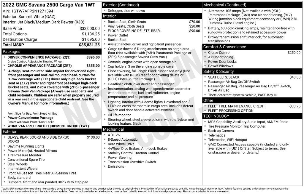 2022 GMC Savana Cargo 2500 RWD 2500 Regular Wheelbase Work Van